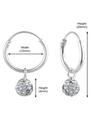 Sterling Silver White Cubic Zirconia Hanging Balls in 12 mm Silver Hoops