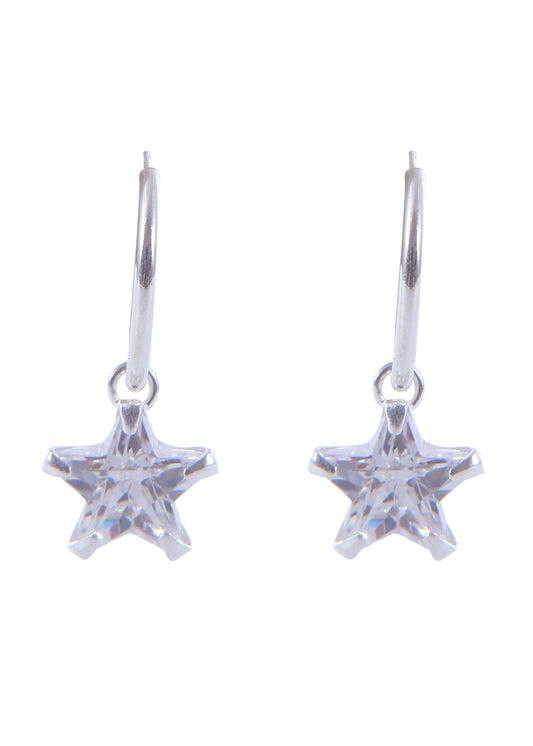 Pair of White Star shape Cz Earring in 92.5 Sterling Silver 14 MM Hoop