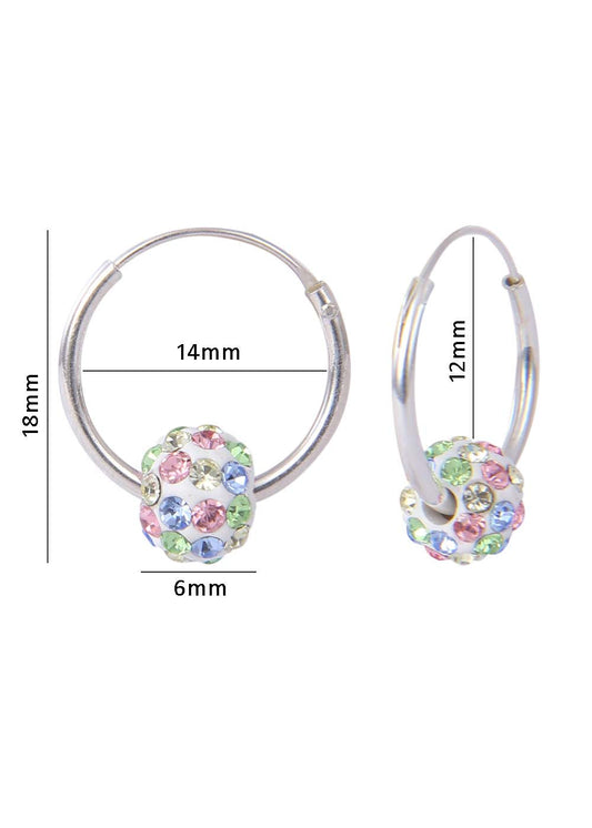 92.5 Sterling Silver 14 mm Hoop Earring with Multi Color Crystals Balls