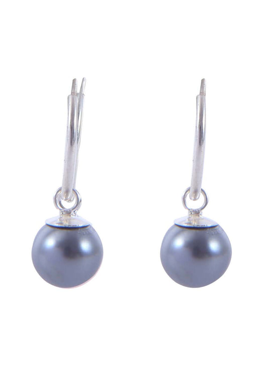Pair of Steel Grey colour Pearl Hangingsin 92.5 Sterling Silver 14 MM Hoop