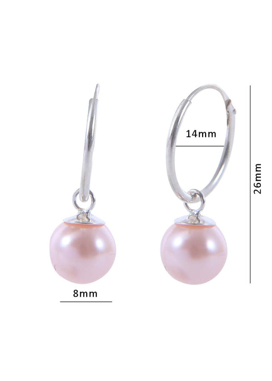 Pair of Pink colour Pearl Hangings in 92.5 Sterling Silver 14 MM Hoop