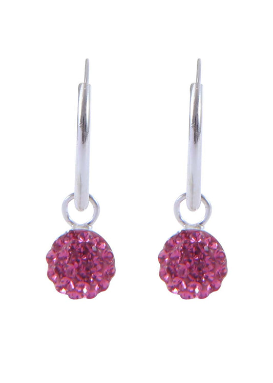 Pure 92.5 Sterling Silver 14 mm Hoop Earring with Pink Crystals Balls
