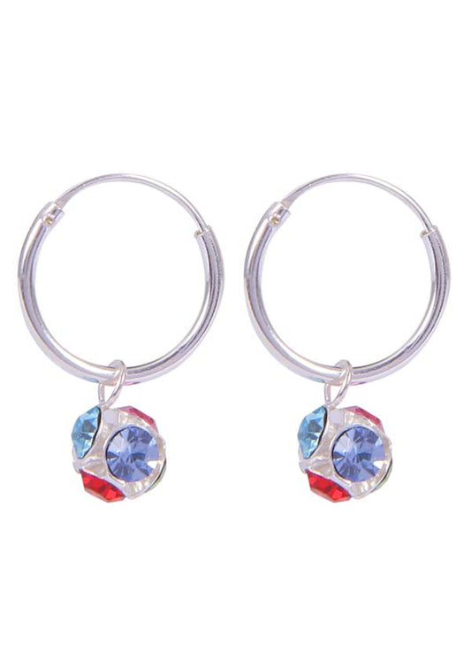 Sterling Silver Multi Color Cubic Zirconia Hanging Balls in 14 mm Silver Hoops