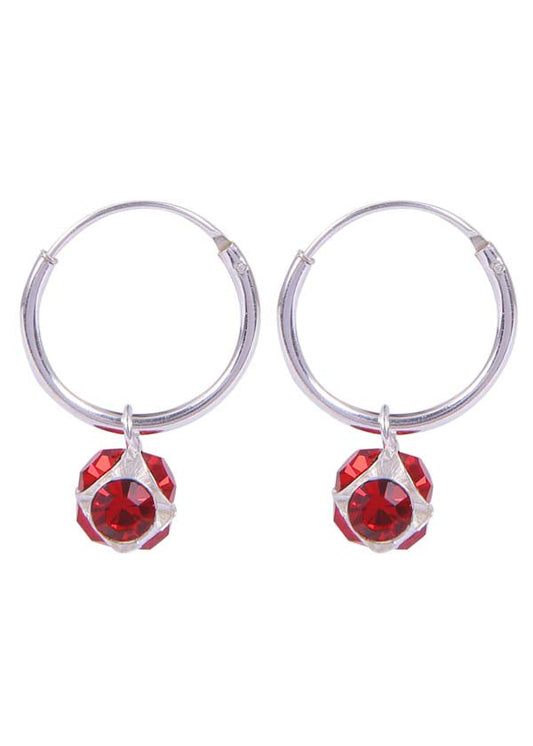 Sterling Silver Red Cubic Zirconia Hanging Balls in 14 mm Silver Hoops