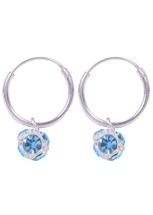 Sterling Silver Light Blue Cubic Zirconia Hanging Balls in 14 mm Silver Hoops