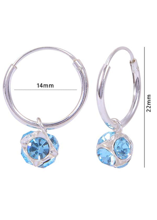 Sterling Silver Light Blue Cubic Zirconia Hanging Balls in 14 mm Silver Hoops