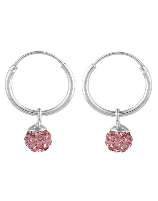 Sterling Silver Pink Cubic Zirconia Hanging Balls in 14 mm Silver Hoops