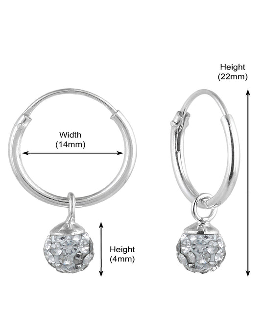 Sterling Silver White Cubic Zirconia Hanging Balls in 14 mm Silver Hoops