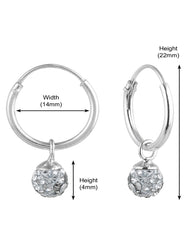 Sterling Silver White Cubic Zirconia Hanging Balls in 14 mm Silver Hoops