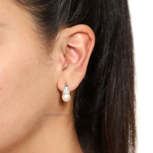 Pair of Stud Earrings Drop Pearl with Cubic Zirconia in 92.5 Silver for Navratri