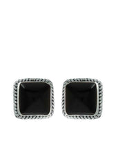 92.5 Sterling Silver Designer Square Shape Black Onyx Precious Stone Stud Earrings - Studs