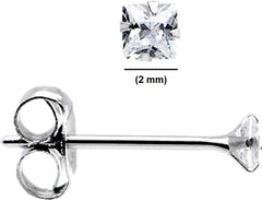 925 Sterling Silver pair of Square shape 2mm Single White Cz Unisex Stud Earrings - Studs