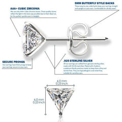925 Sterling Silver pair of Triangle shape 6mm White Cubic Zircon (CZ) Stone Unisex Stud Earrings - Studs