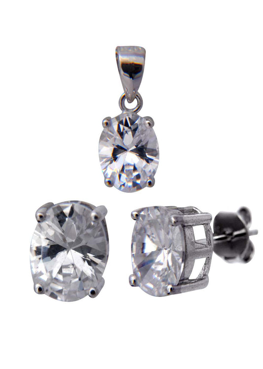 92.5 Sterling Silver Oval Shape CZ Solitaire Pendant Set