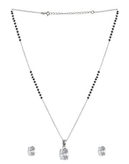 925 Silver Single Solitaire Oval CZ Stone Pendant with Earrings Black Beads Mangalsutra