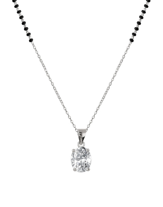 925 Silver Single Solitaire Oval CZ Stone Pendant with Earrings Black Beads Mangalsutra