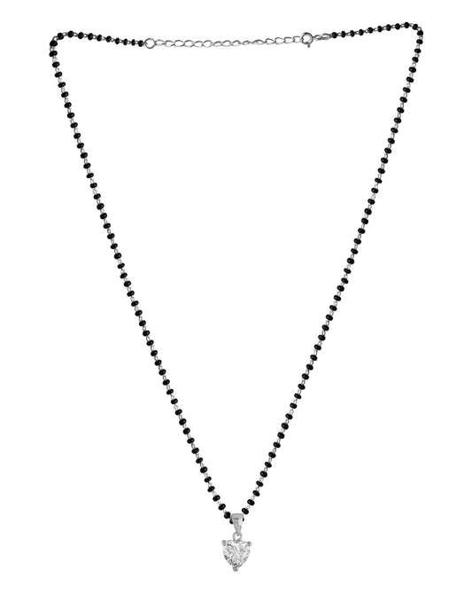 925 Silver Single Solitaire Heart CZ Stone Pendant Black Beads Modern Mangalsutra