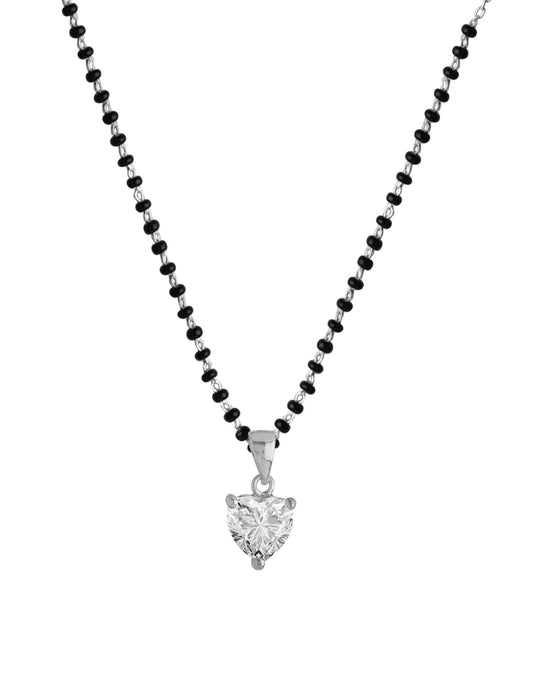 925 Silver Single Solitaire Heart CZ Stone Pendant Black Beads Modern Mangalsutra