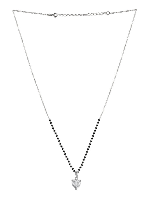 925 Silver Single Solitaire Heart CZ Stone Pendant Black Beads Modern Mangalsutra