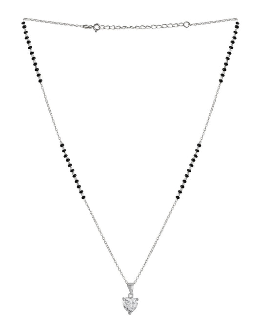 925 Silver Single Solitaire Heart CZ Stone Pendant Black Beads Modern Mangalsutra