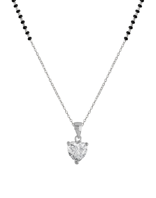 925 Silver Single Solitaire Heart CZ Stone Pendant Black Beads Modern Mangalsutra