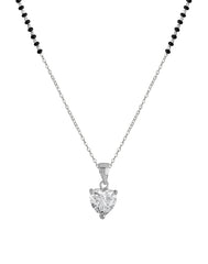 925 Silver Single Solitaire Heart CZ Stone Pendant Black Beads Modern Mangalsutra