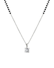 925 Silver Single Solitaire Square CZ Stone Pendant with Earrings Black Beads Mangalsutra