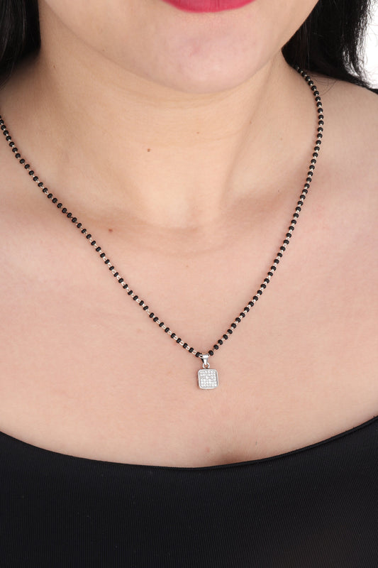 Square Solitaire Pendant and Earring Mangalsutra Set in Pure 925 Sterling Silver