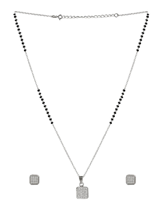 Square Solitaire Pendant and Earring Mangalsutra Set in Pure 925 Sterling Silver