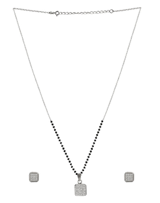 Square Solitaire Pendant and Earring Mangalsutra Set in Pure 925 Sterling Silver