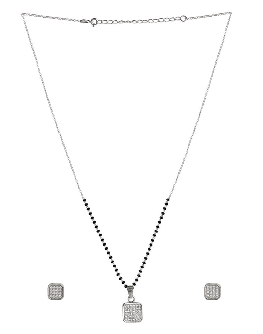 Square Cubic Zirconia Pendant and Earring Mangalsutra Set in Pure 925 Sterling Silver