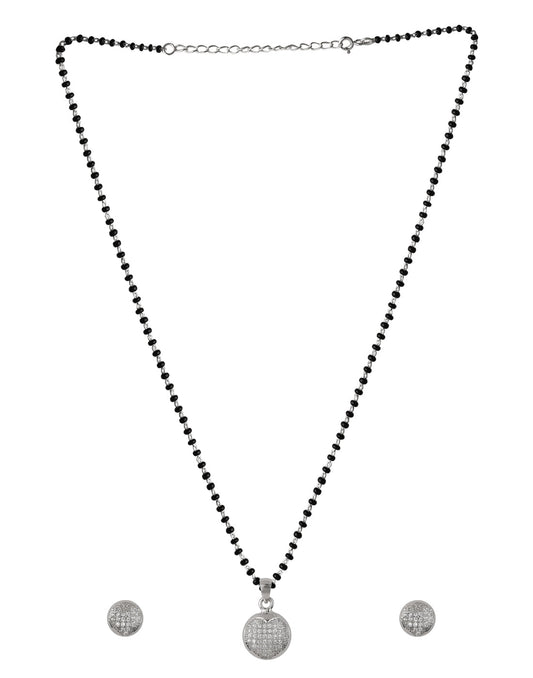 Round Cz Stone Pendant and Earring Mangalsutra Set in 925 Sterling Silver