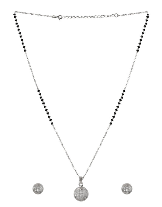 Round Cz Stone Pendant and Earring Mangalsutra Set in 925 Sterling Silver