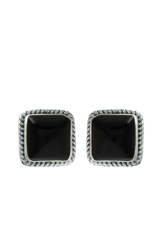 92.5 Sterling Silver Designer Square Shape Black Onyx Precious Stone Stud Earrings