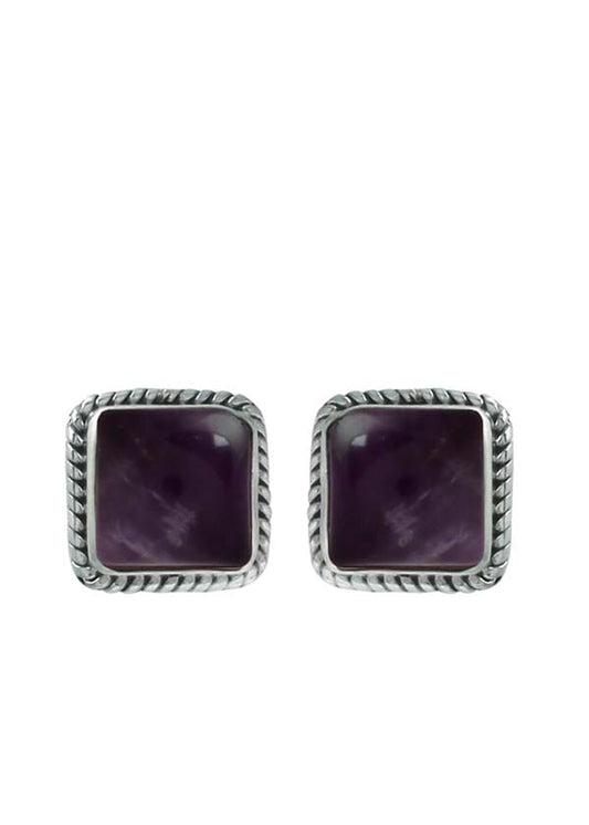 92.5 Sterling Silver Designer Square Amethyst Precious Stone Stud Earrings