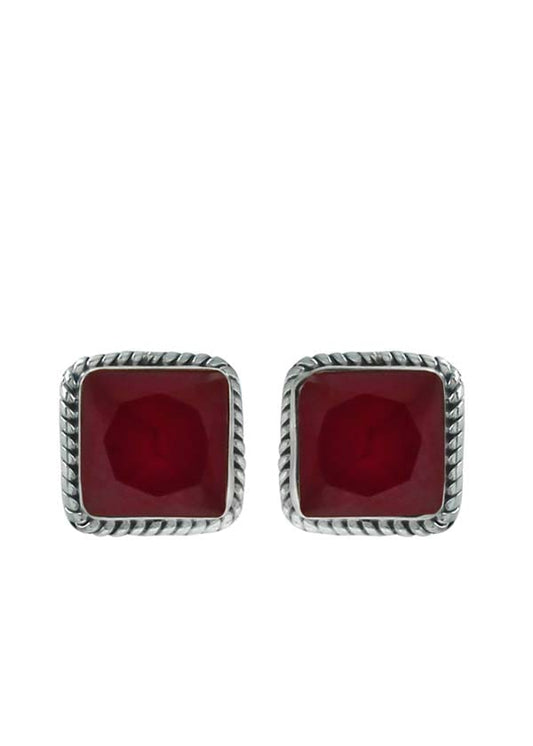 92.5 Sterling Silver Designer Square Ruby Precious Stone Stud Earrings