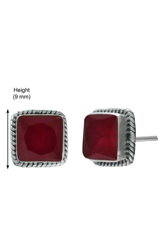 92.5 Sterling Silver Designer Square Ruby Precious Stone Stud Earrings