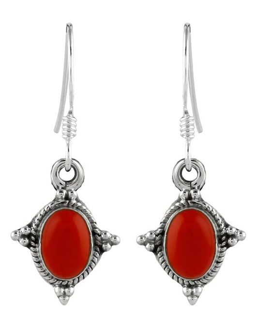 925 Sterling Silver Handmade Dangler Hanging Earrings with Red Coral Stone