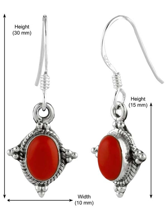 925 Sterling Silver Handmade Dangler Hanging Earrings with Red Coral Stone