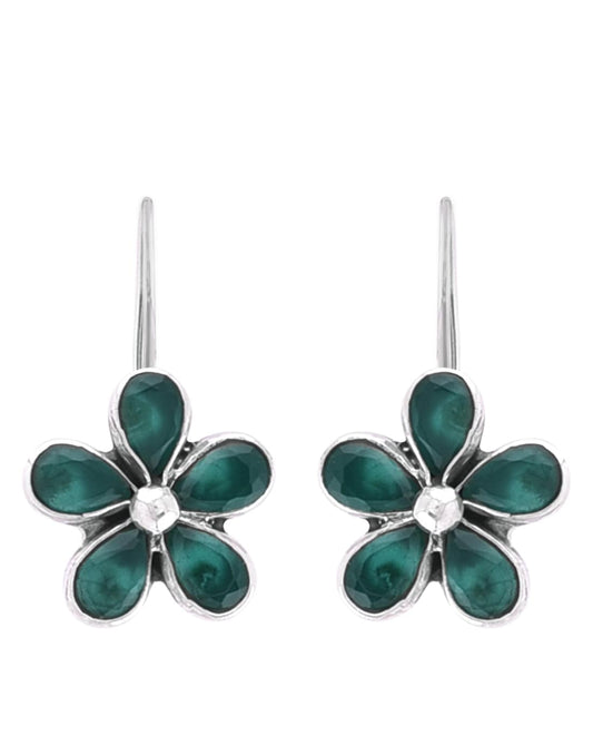 925 Sterling Silver Flower Dangler Hanging Earrings with Emerald Stone