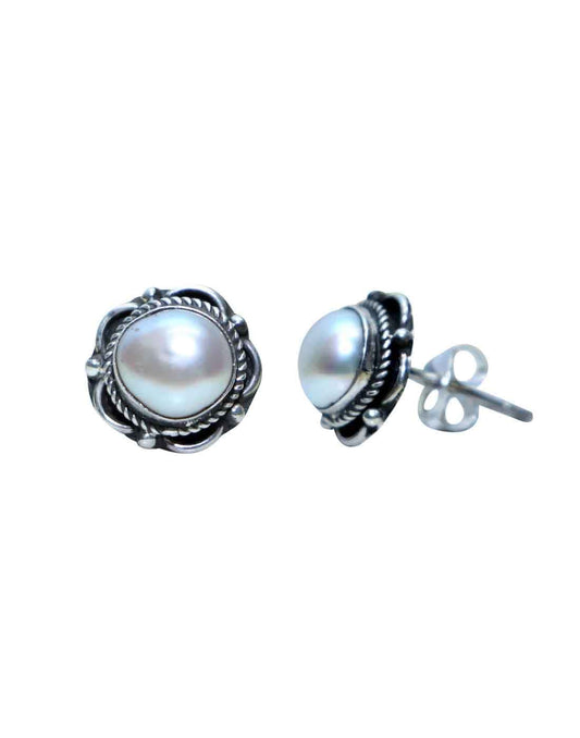 92.5 Sterling Silver Designer White Pearl Stud Earrings