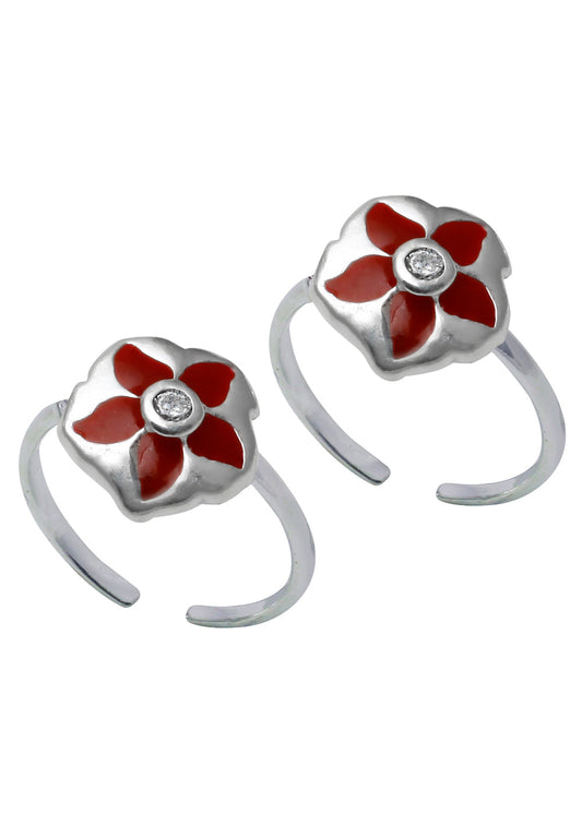 Designer Red Enamel and Cubic Zirconia Toe Rings in 92.5 Sterling Silver