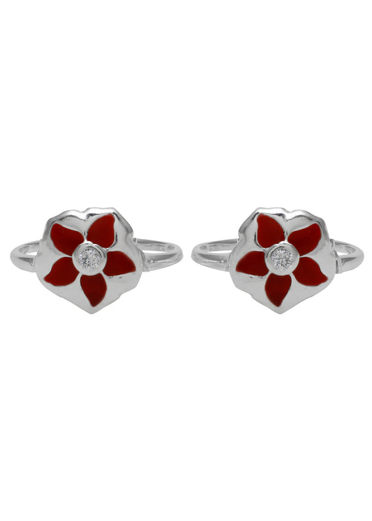 Designer Red Enamel and Cubic Zirconia Toe Rings in 92.5 Sterling Silver