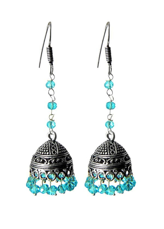 Long Jhumkas with Blue crystals in Silver Alloy