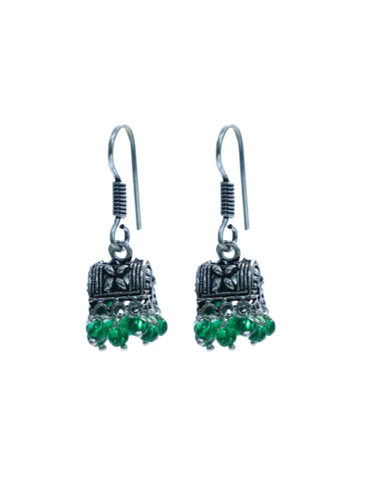 Pair of Small Ethnic Jhumkis in Silver Alloy and Green Beads High Finish for Girls