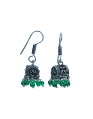 Pair of Small Ethnic Jhumkis in Silver Alloy and Green Beads High Finish for Girls