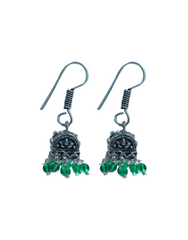 Pair of Small Ethnic Jhumkis in Silver Alloy and Green Beads High Finish for Girls