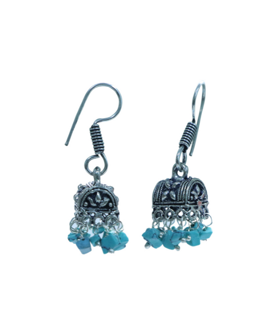 Pair of Small Ethnic Jhumkis With Blue Turquoise Beads in Silver Alloy High Finish for Women and Girls
