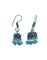 Pair of Small Ethnic Jhumkis With Blue Turquoise Beads in Silver Alloy High Finish for Women and Girls