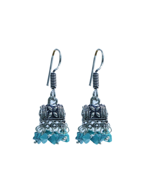 Pair of Small Ethnic Jhumkis With Blue Turquoise Beads in Silver Alloy High Finish for Women and Girls